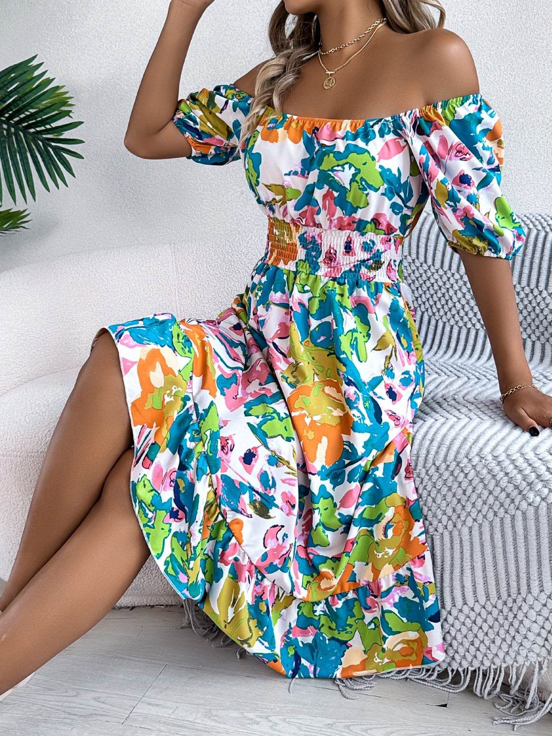 Floral Short Sleeve Midi Dress with Ruffled Hem - MARIGOLD