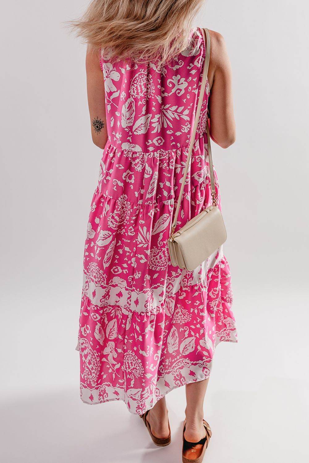 Floral Sleeveless Tasseled Tie Neck Tiered Midi Dress - MARIGOLD