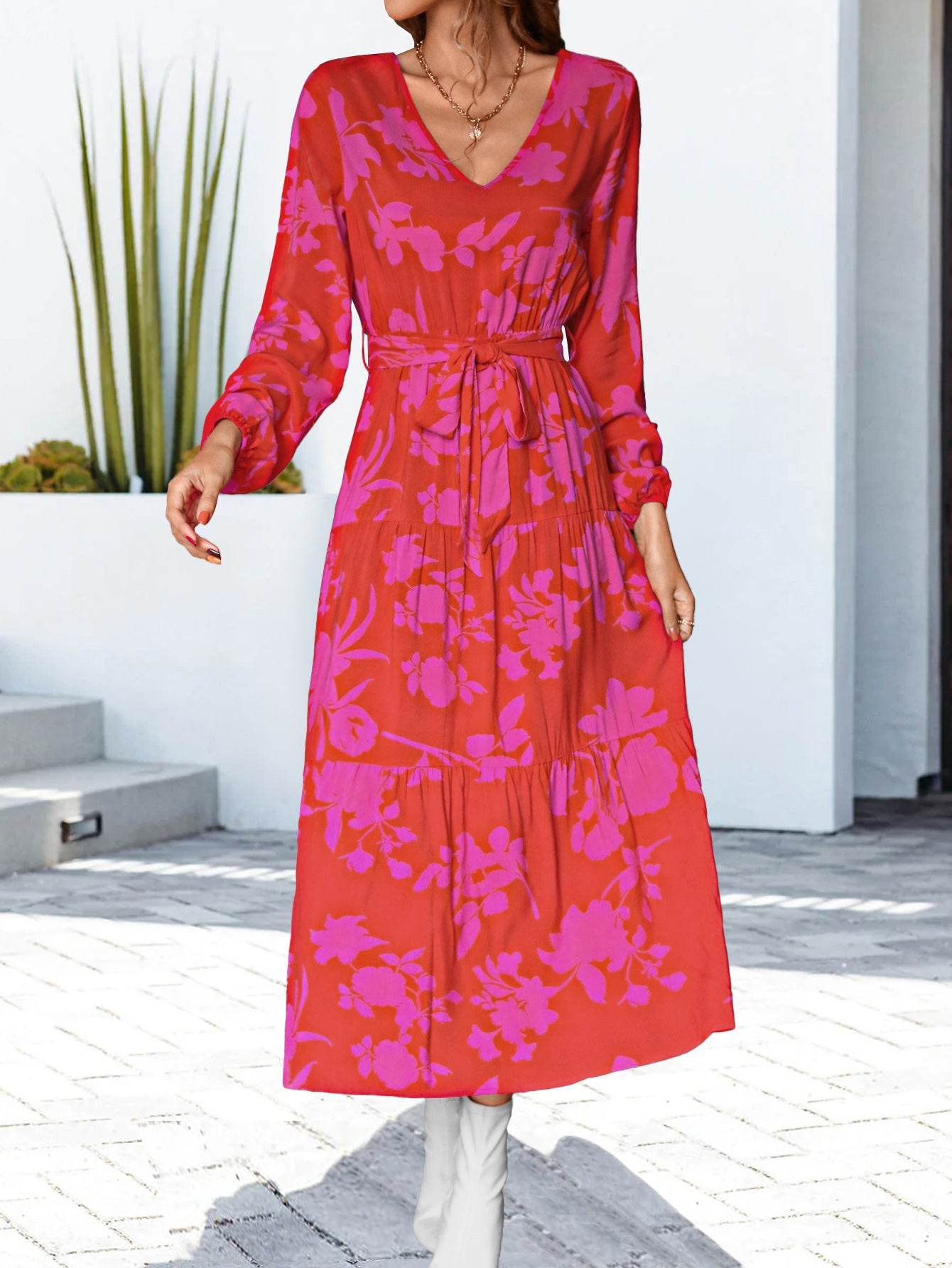 Floral V-Neck Long Sleeve Dress - MARIGOLD