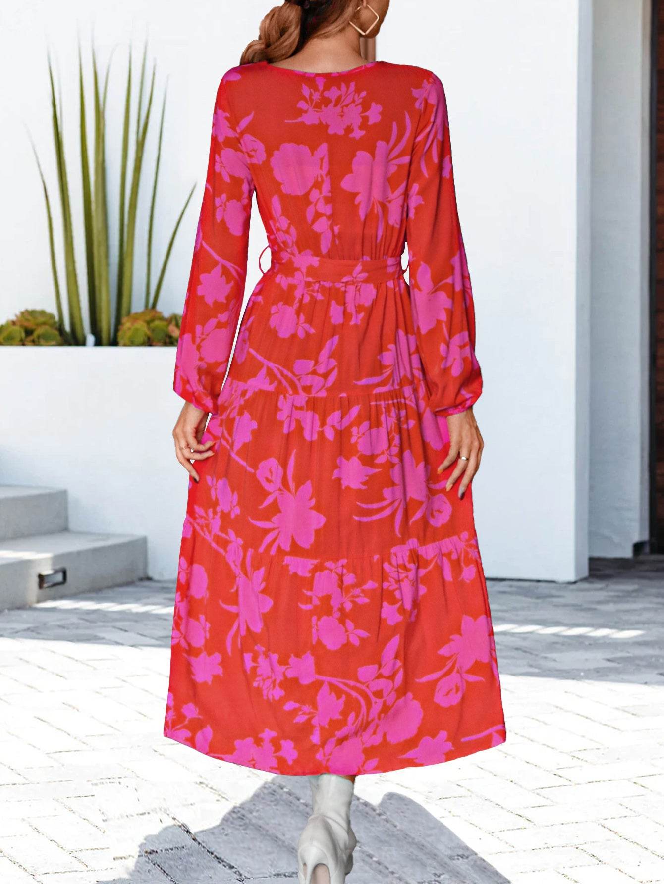 Floral V-Neck Long Sleeve Dress - MARIGOLD