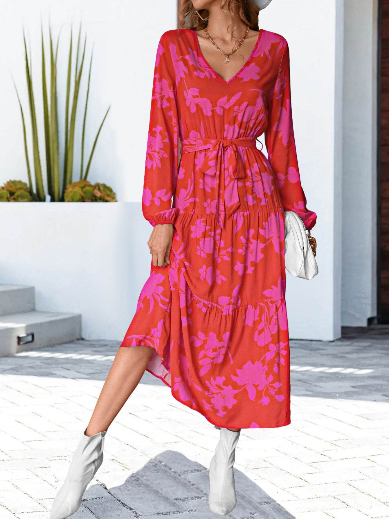 Floral V-Neck Long Sleeve Dress - MARIGOLD