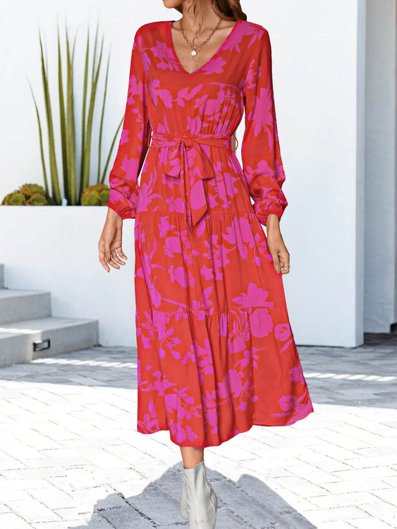 Floral V-Neck Long Sleeve Dress - MARIGOLD