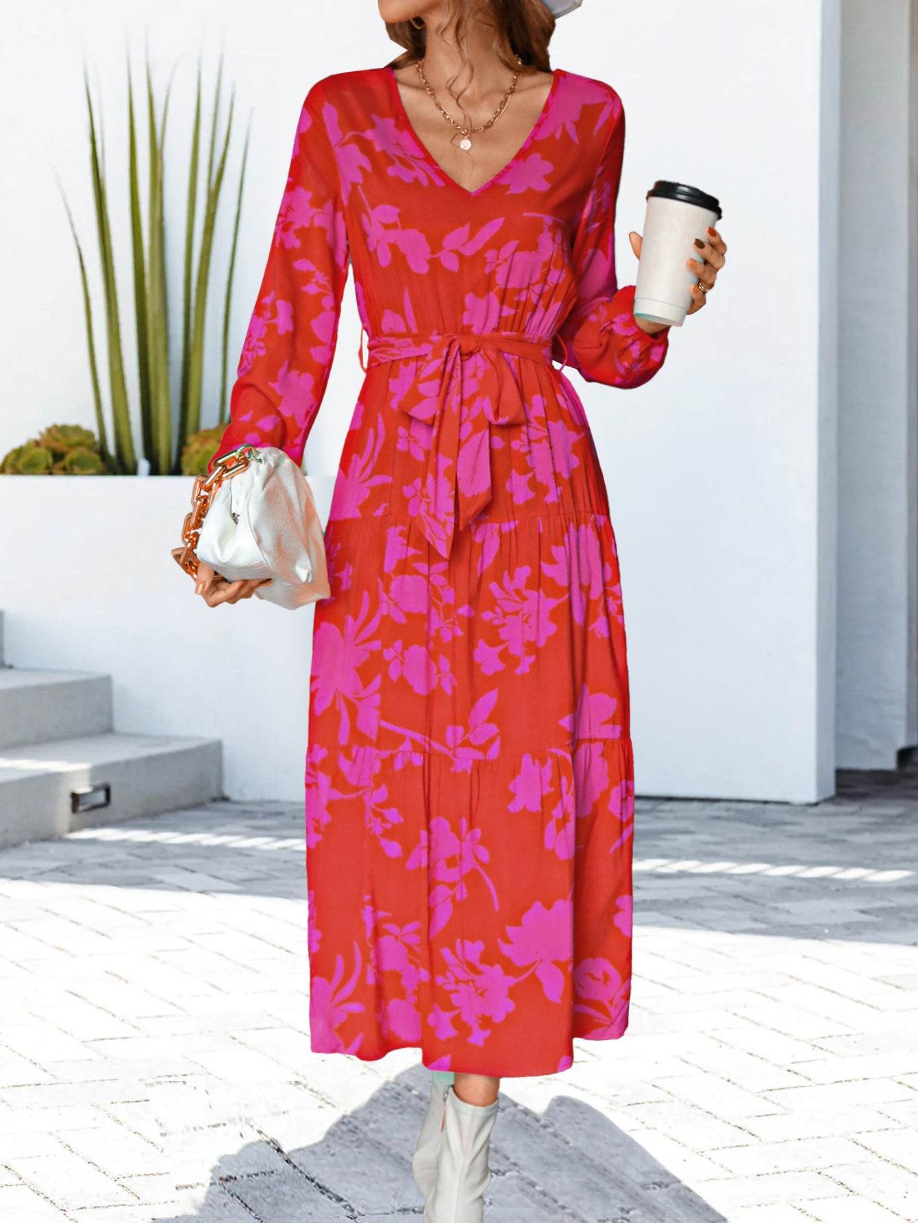 Floral V-Neck Long Sleeve Dress - MARIGOLD