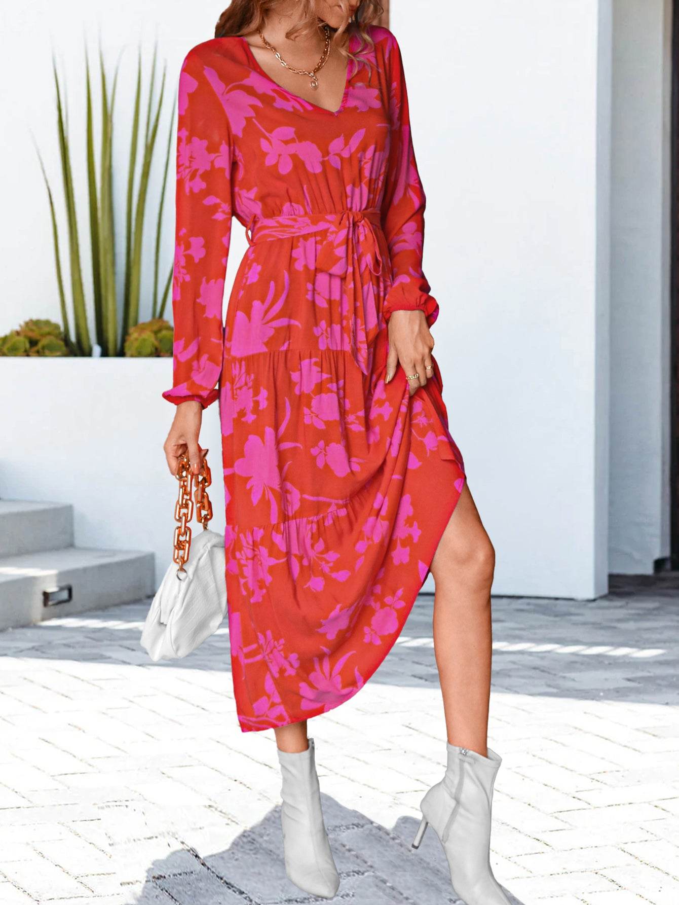 Floral V-Neck Long Sleeve Dress - MARIGOLD
