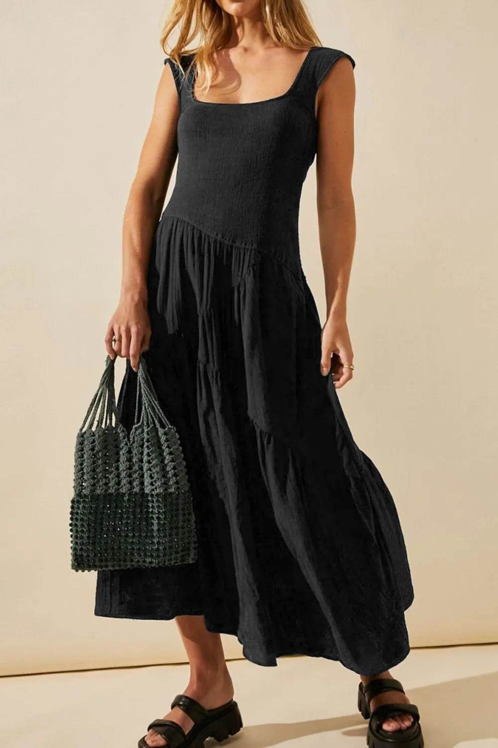Square Neck Cutout Back Midi Dress - MARIGOLD