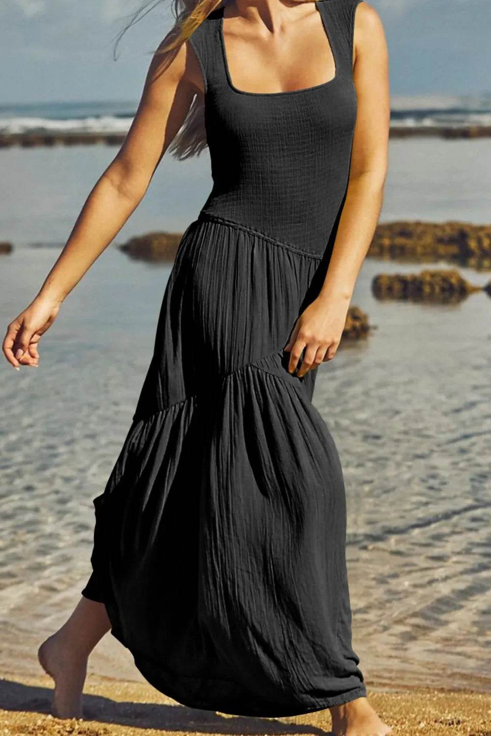 Square Neck Cutout Back Midi Dress - MARIGOLD
