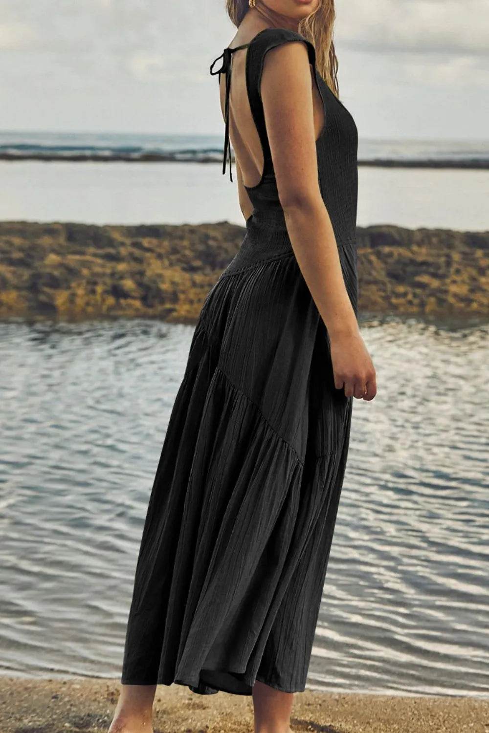 Square Neck Cutout Back Midi Dress - MARIGOLD