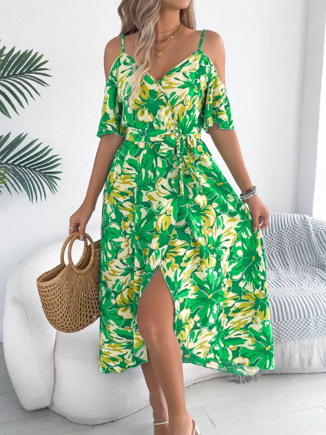 Tropical Floral Cold Shoulder Cami Midi Dress - MARIGOLD