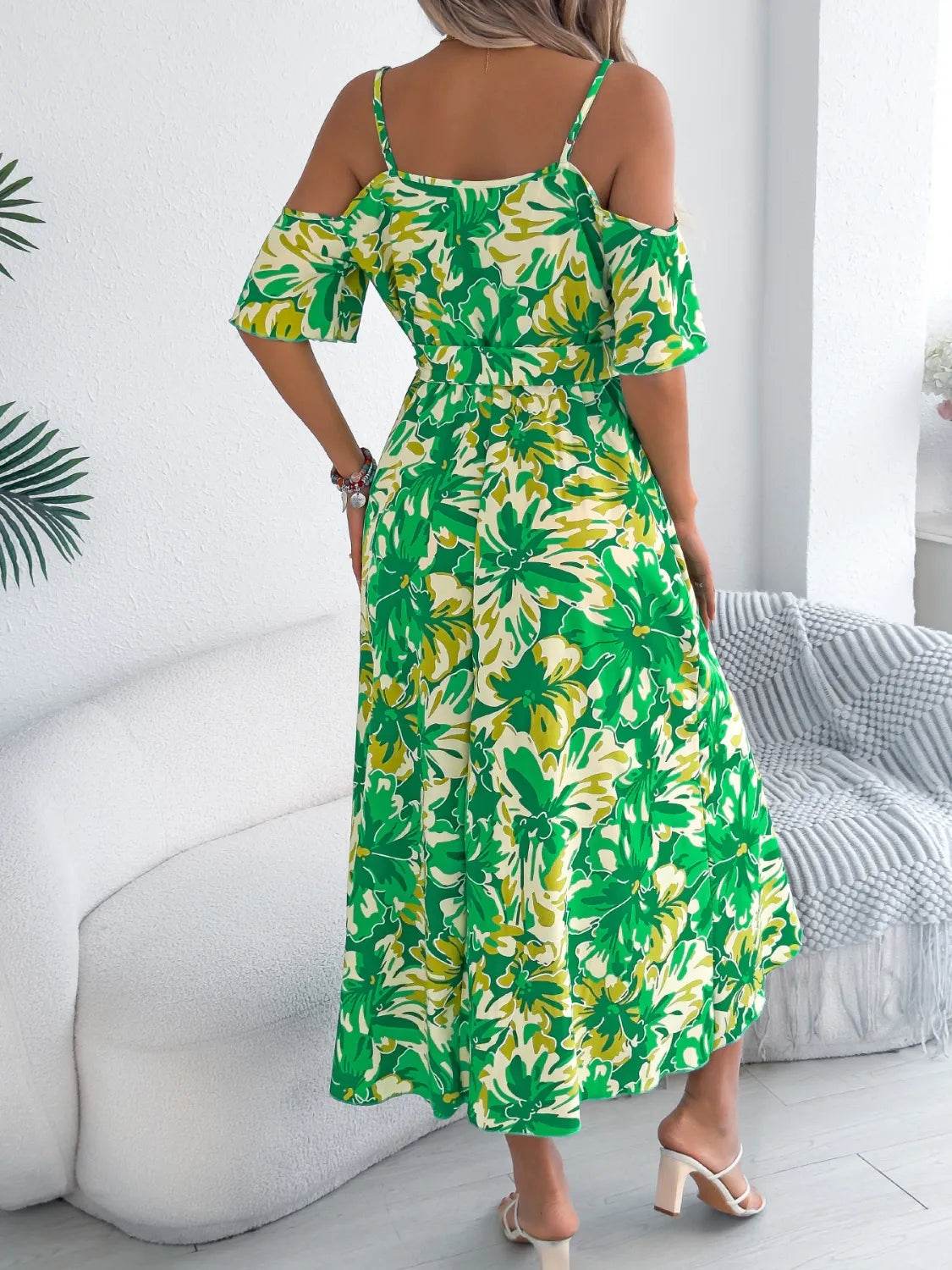Tropical Floral Cold Shoulder Cami Midi Dress - MARIGOLD