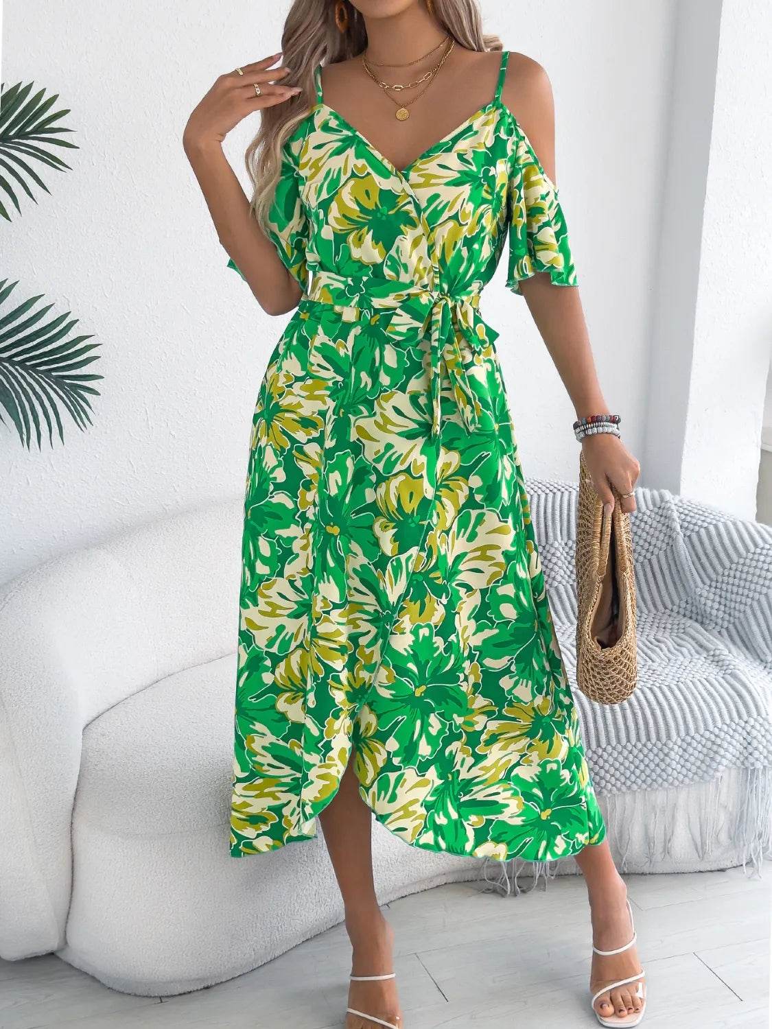 Tropical Floral Cold Shoulder Cami Midi Dress - MARIGOLD