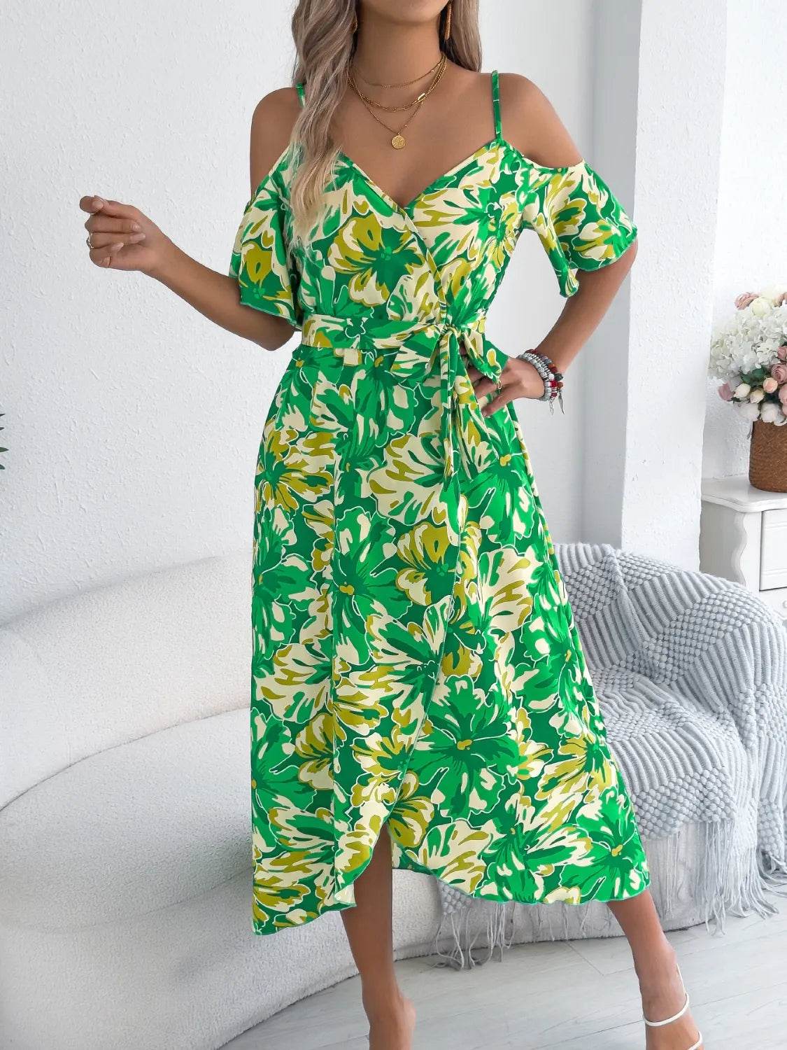 Tropical Floral Cold Shoulder Cami Midi Dress - MARIGOLD