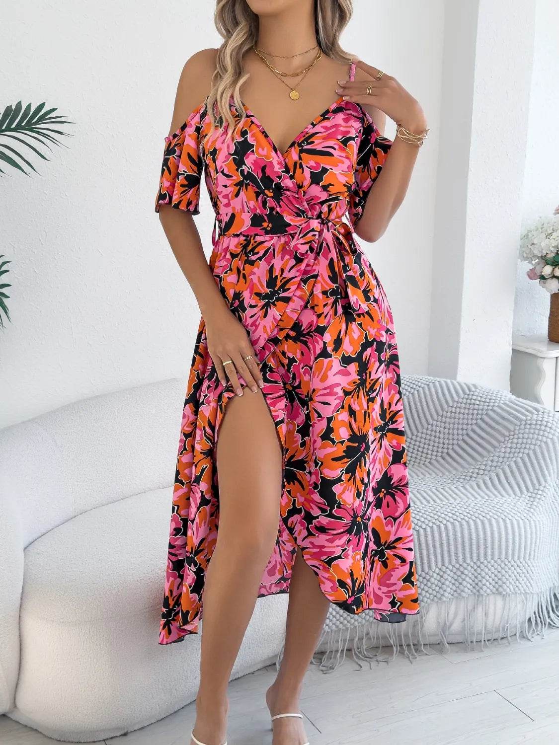 Tropical Floral Cold Shoulder Cami Midi Dress - MARIGOLD