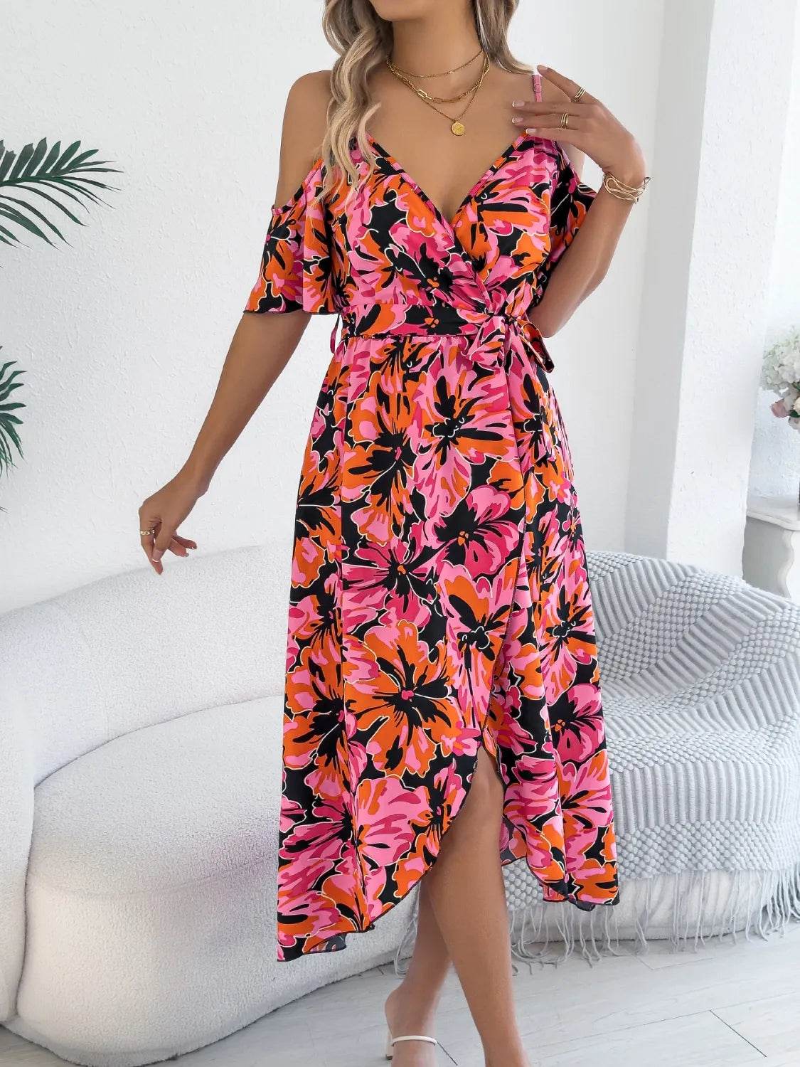 Tropical Floral Cold Shoulder Cami Midi Dress - MARIGOLD