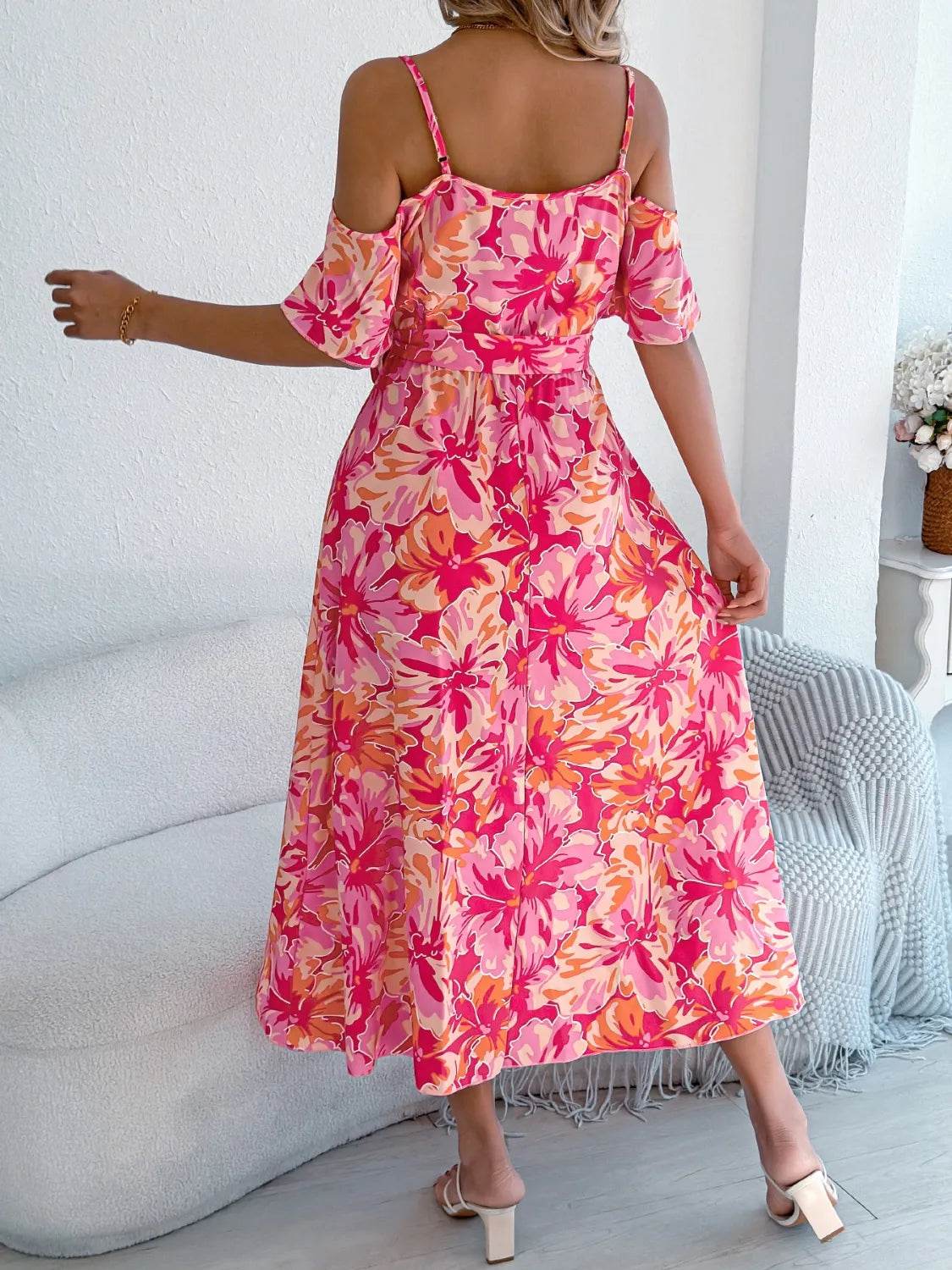Tropical Floral Cold Shoulder Cami Midi Dress - MARIGOLD