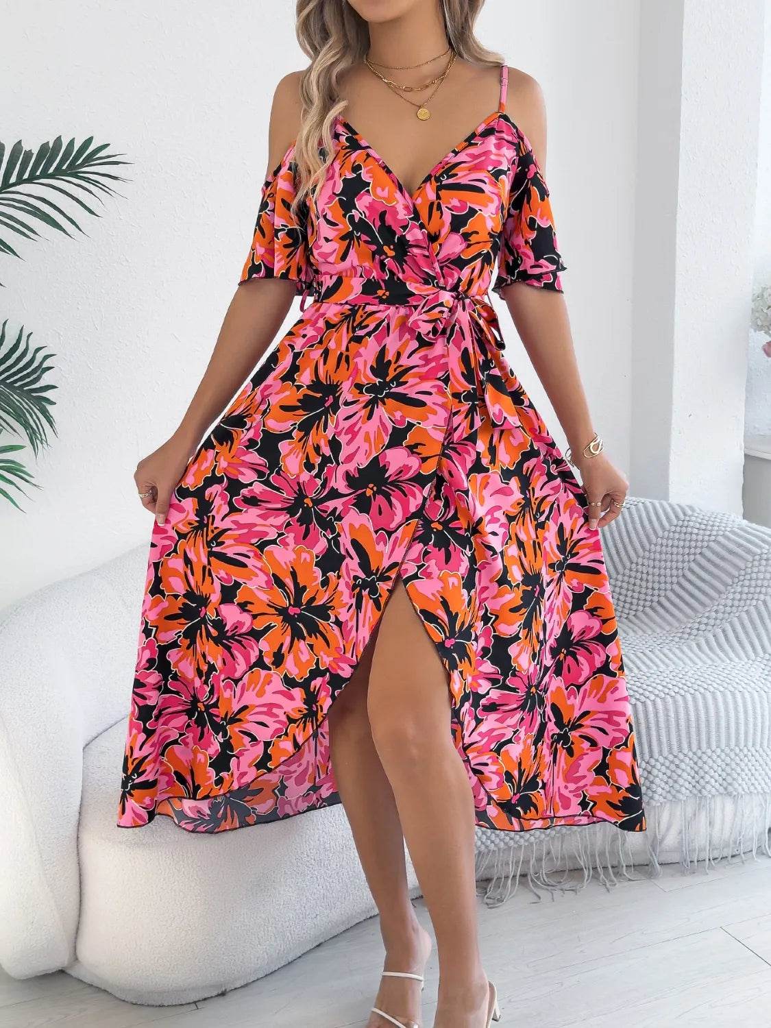 Tropical Floral Cold Shoulder Cami Midi Dress - MARIGOLD
