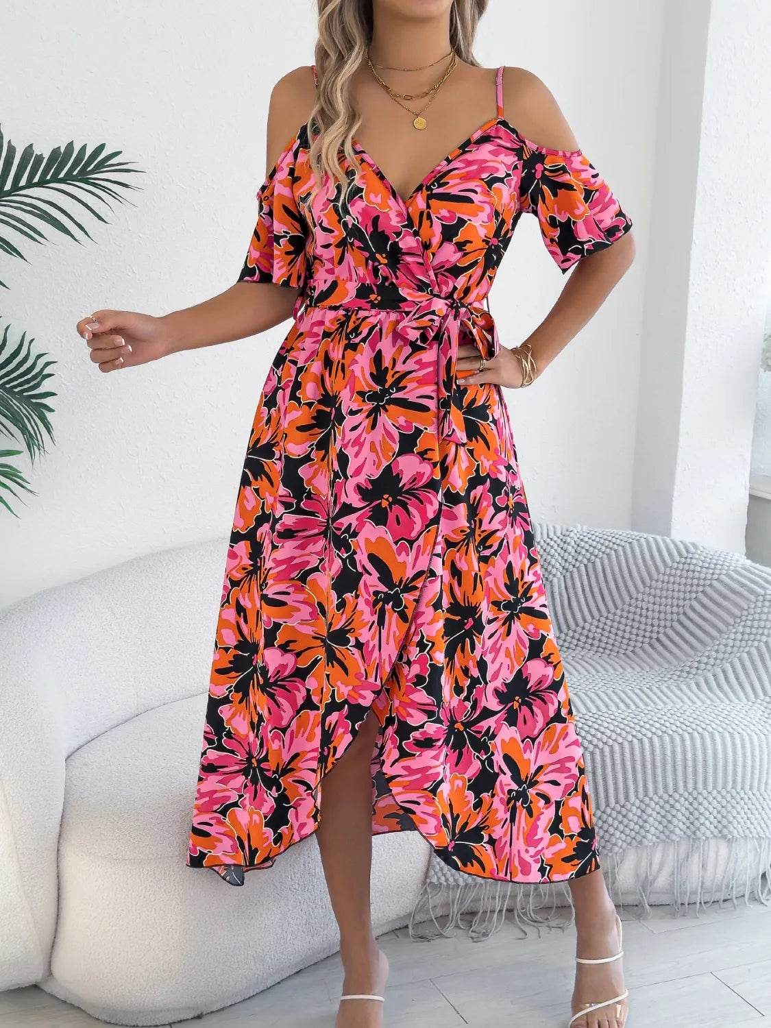 Tropical Floral Cold Shoulder Cami Midi Dress - MARIGOLD