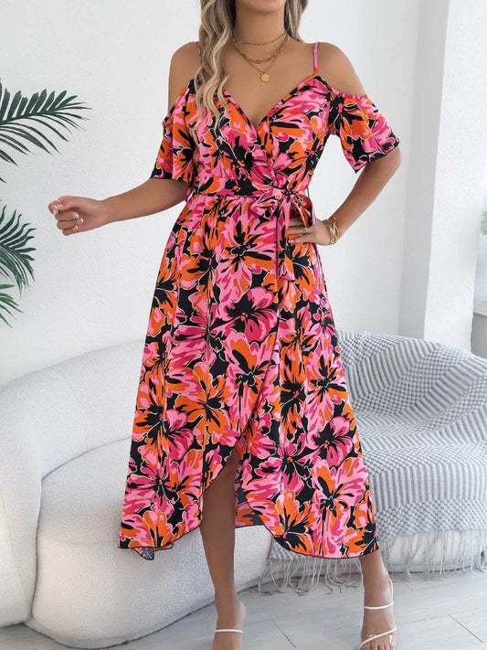 Tropical Floral Cold Shoulder Cami Midi Dress - MARIGOLD