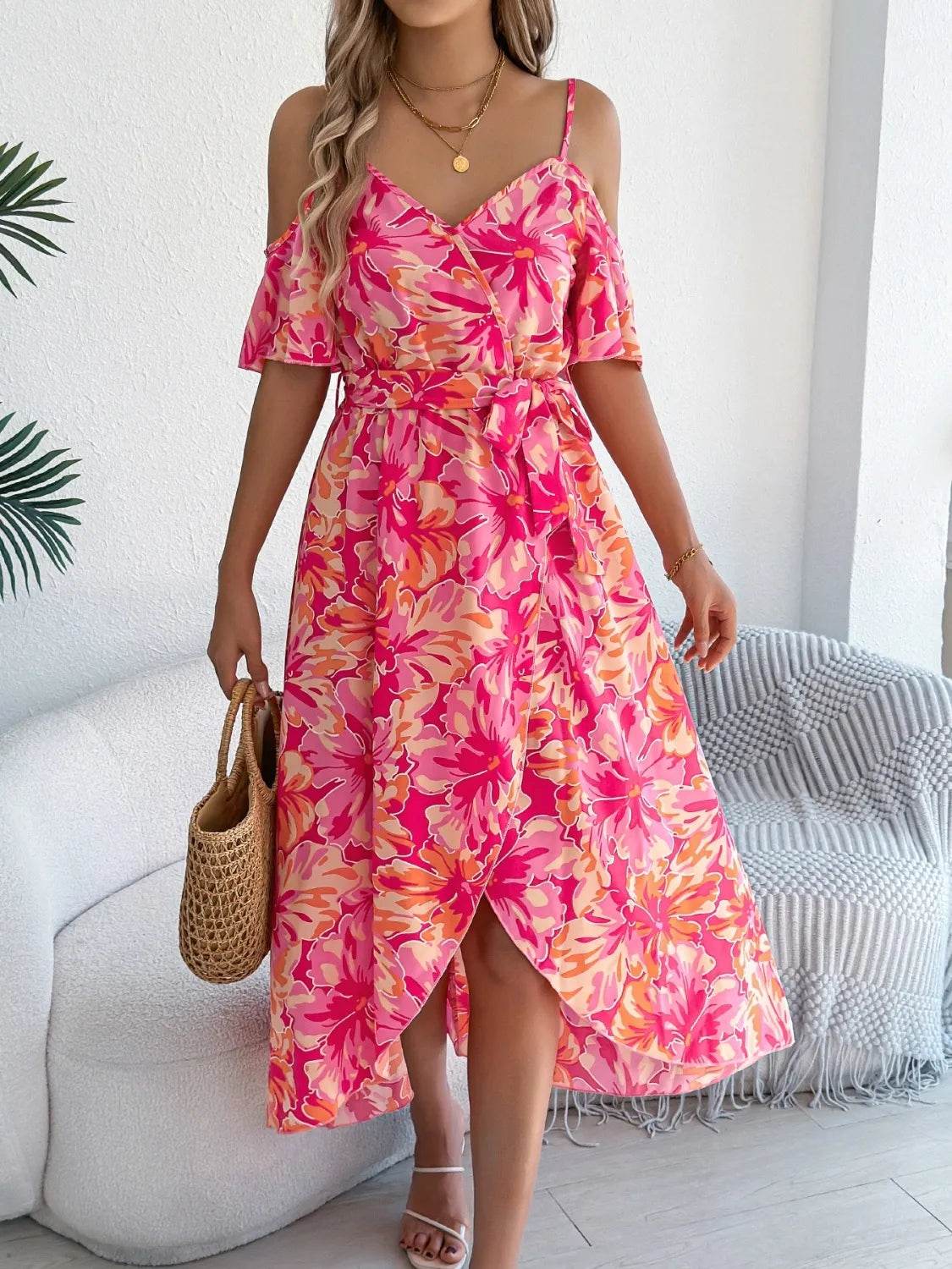 Tropical Floral Cold Shoulder Cami Midi Dress - MARIGOLD