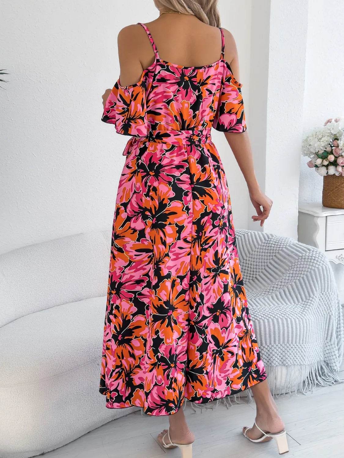 Tropical Floral Cold Shoulder Cami Midi Dress - MARIGOLD