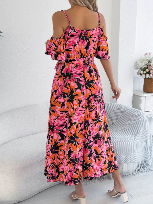 Tropical Floral Cold Shoulder Cami Midi Dress - MARIGOLD