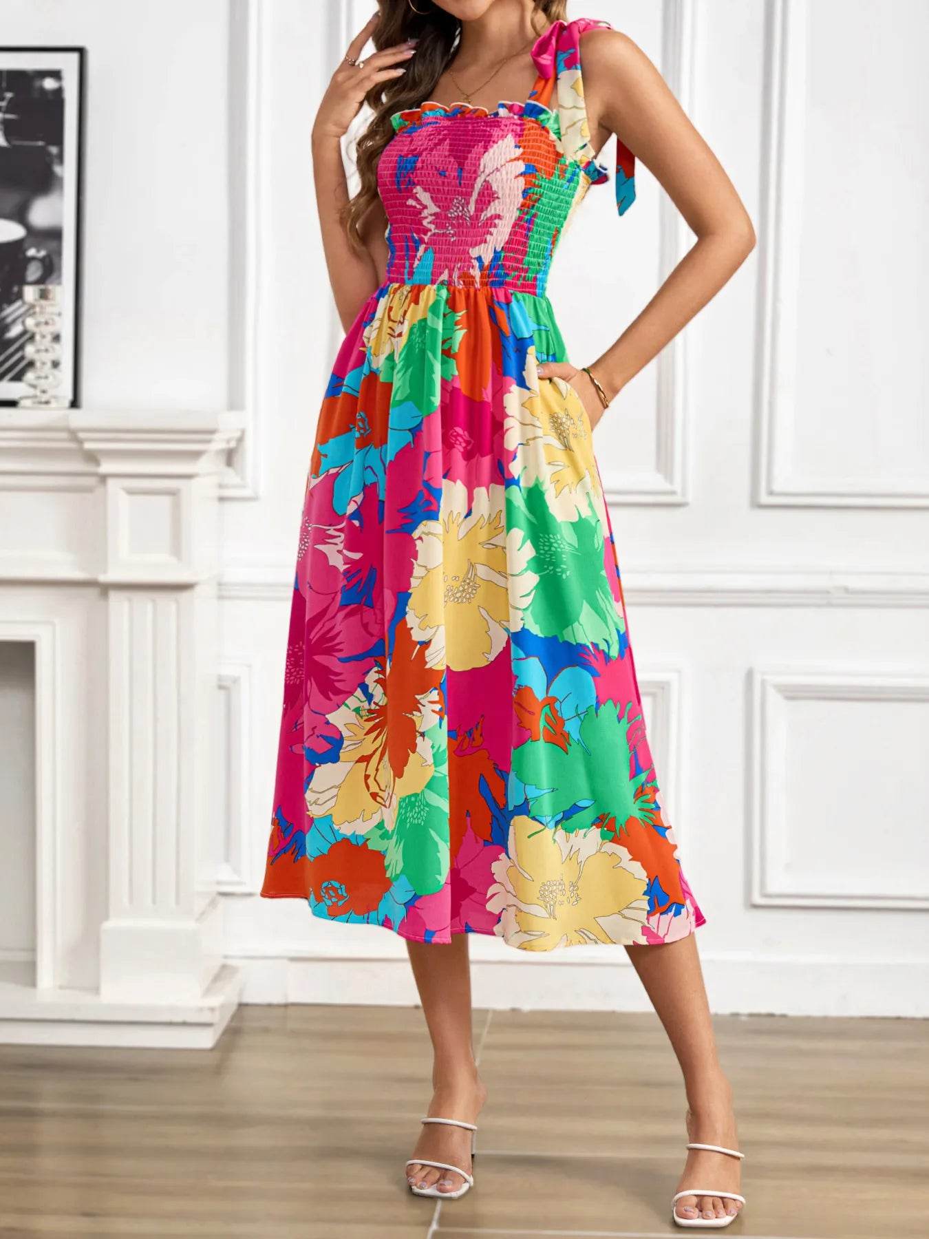Floral Print Smocked Tie Shoulder Midi Dress - MARIGOLD