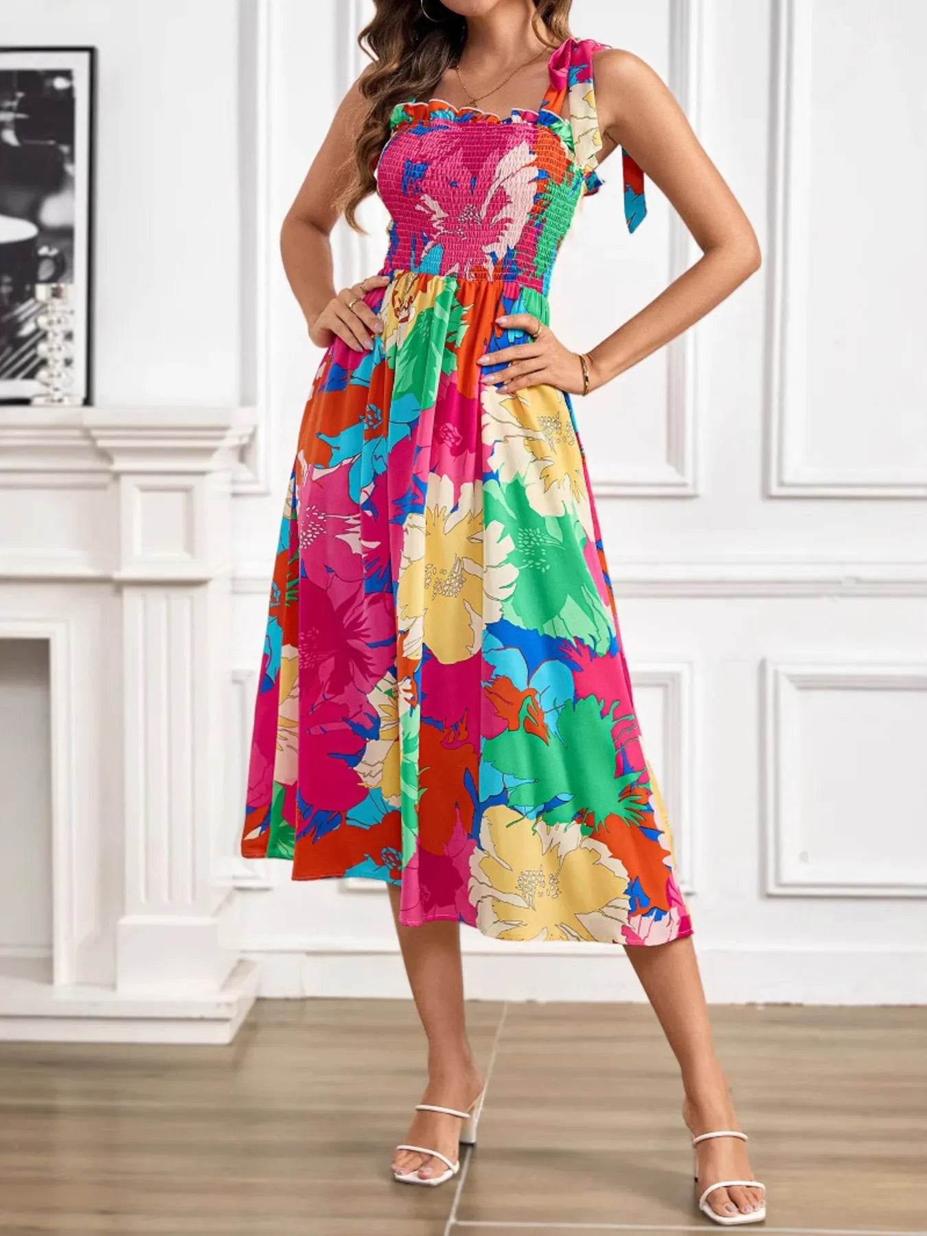 Floral Print Smocked Tie Shoulder Midi Dress - MARIGOLD