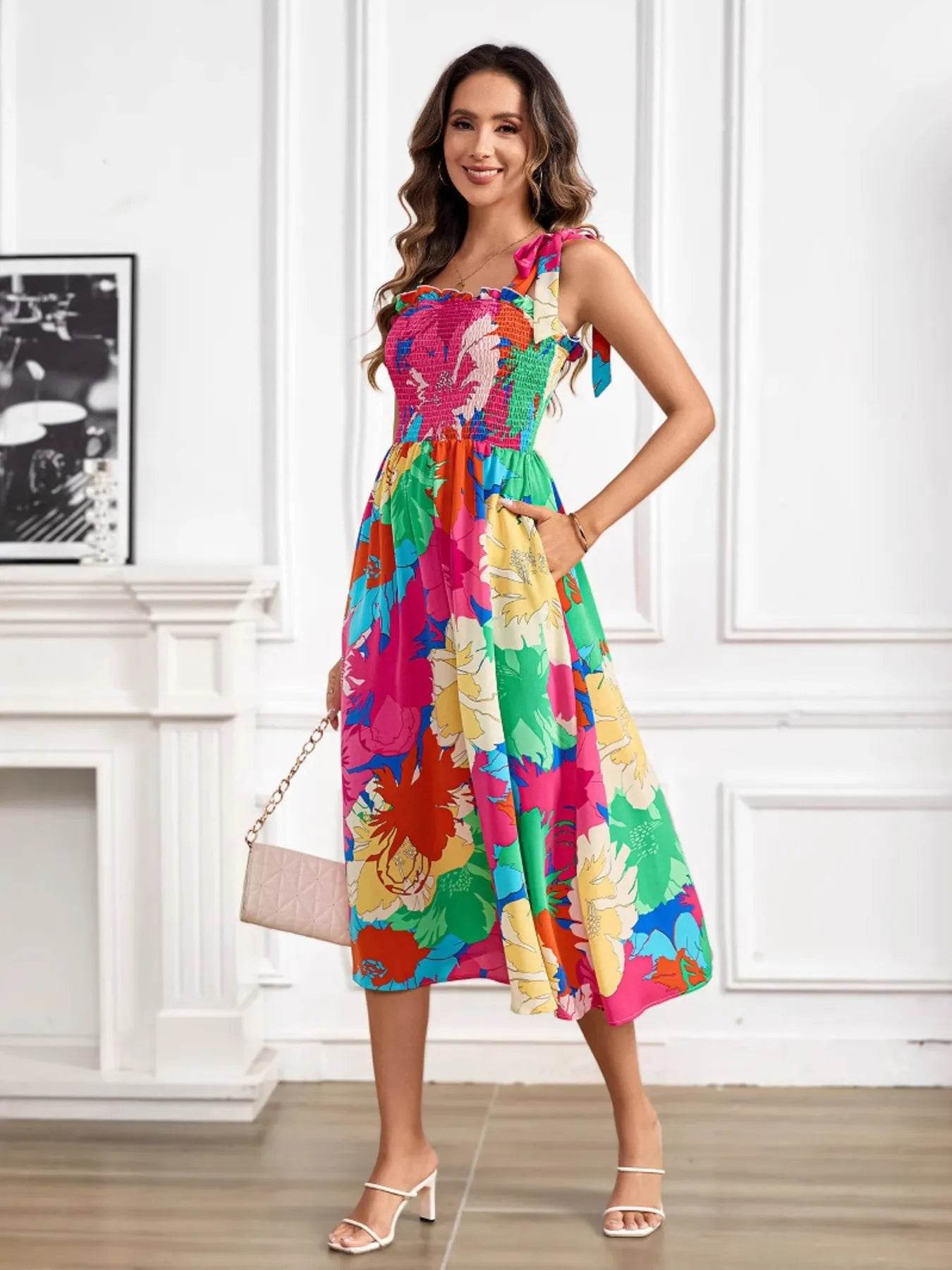 Floral Print Smocked Tie Shoulder Midi Dress - MARIGOLD