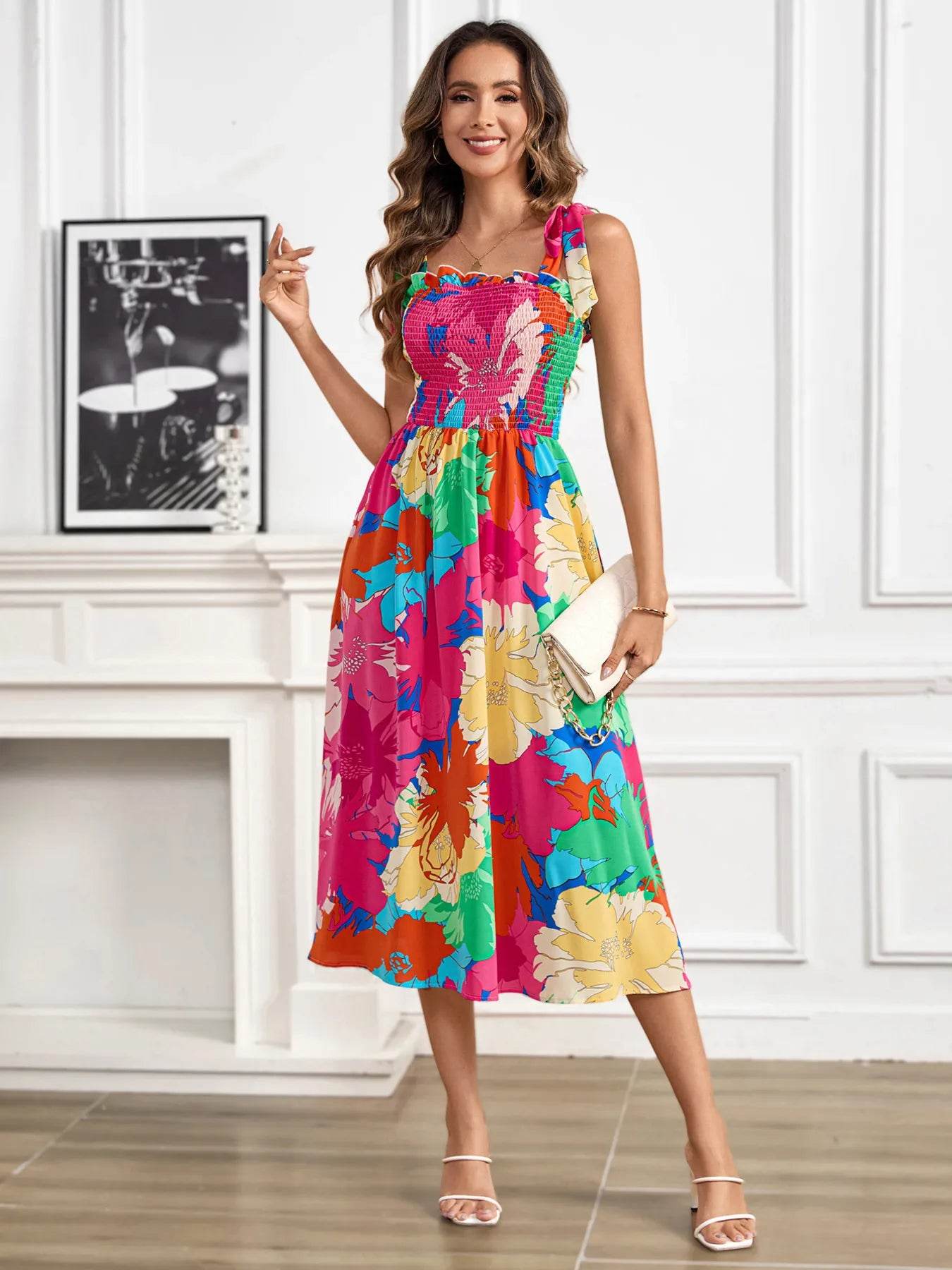 Floral Print Smocked Tie Shoulder Midi Dress - MARIGOLD