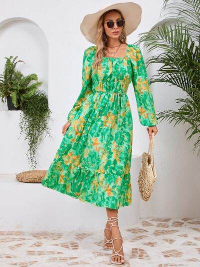Printed Long Sleeve Midi Dress - MARIGOLD