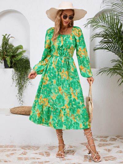 Printed Long Sleeve Midi Dress - MARIGOLD