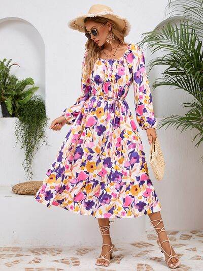 Printed Long Sleeve Midi Dress - MARIGOLD