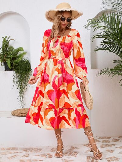 Printed Long Sleeve Midi Dress - MARIGOLD