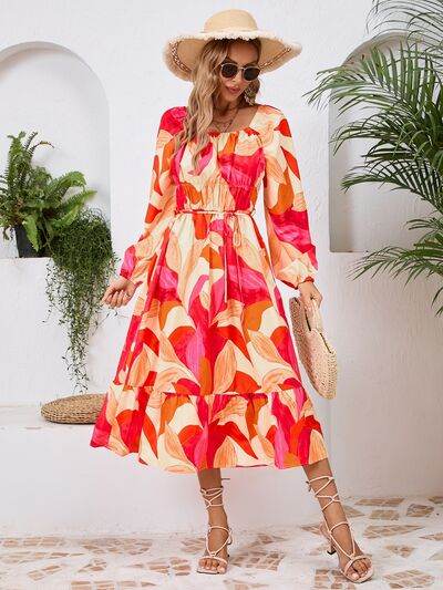 Printed Long Sleeve Midi Dress - MARIGOLD