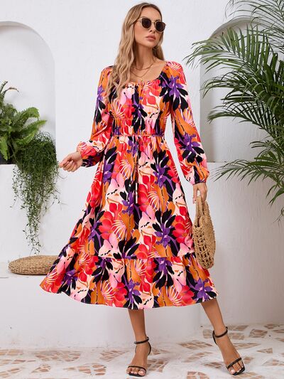 Printed Long Sleeve Midi Dress - MARIGOLD