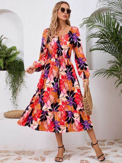 Printed Long Sleeve Midi Dress - MARIGOLD