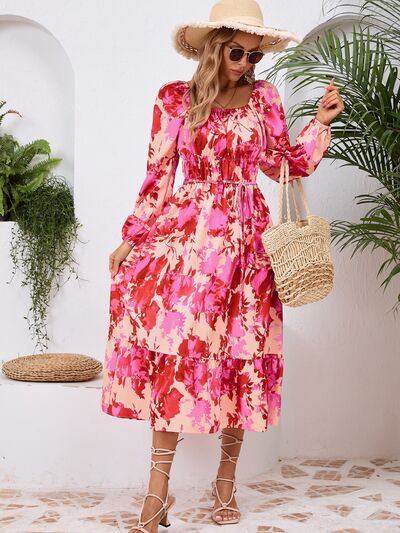 Printed Long Sleeve Midi Dress - MARIGOLD