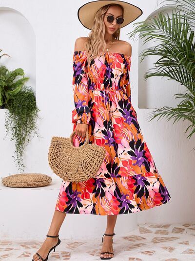 Printed Long Sleeve Midi Dress - MARIGOLD