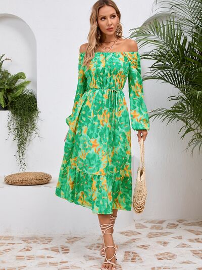 Printed Long Sleeve Midi Dress - MARIGOLD