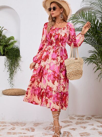 Printed Long Sleeve Midi Dress - MARIGOLD