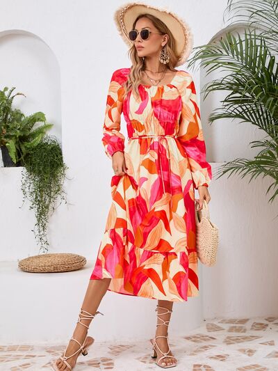 Printed Long Sleeve Midi Dress - MARIGOLD