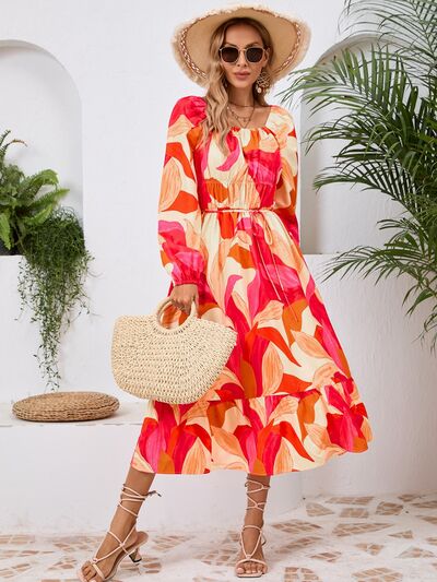 Printed Long Sleeve Midi Dress - MARIGOLD