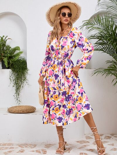 Printed Long Sleeve Midi Dress - MARIGOLD