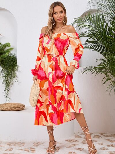 Printed Long Sleeve Midi Dress - MARIGOLD