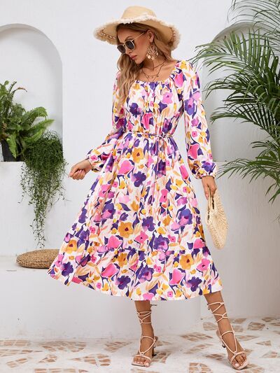 Printed Long Sleeve Midi Dress - MARIGOLD