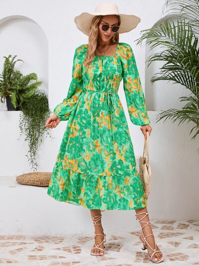 Printed Long Sleeve Midi Dress - MARIGOLD