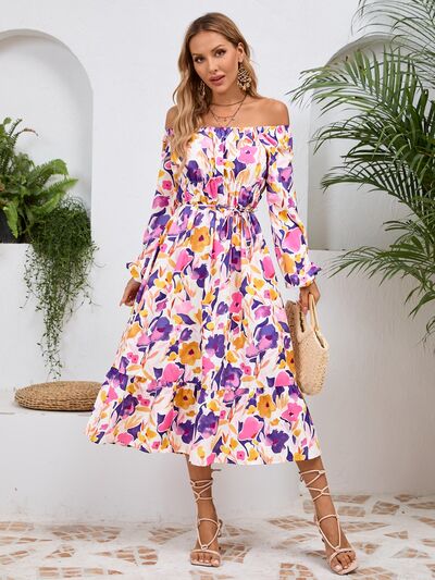 Printed Long Sleeve Midi Dress - MARIGOLD