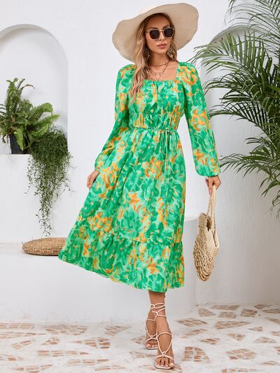 Printed Long Sleeve Midi Dress - MARIGOLD