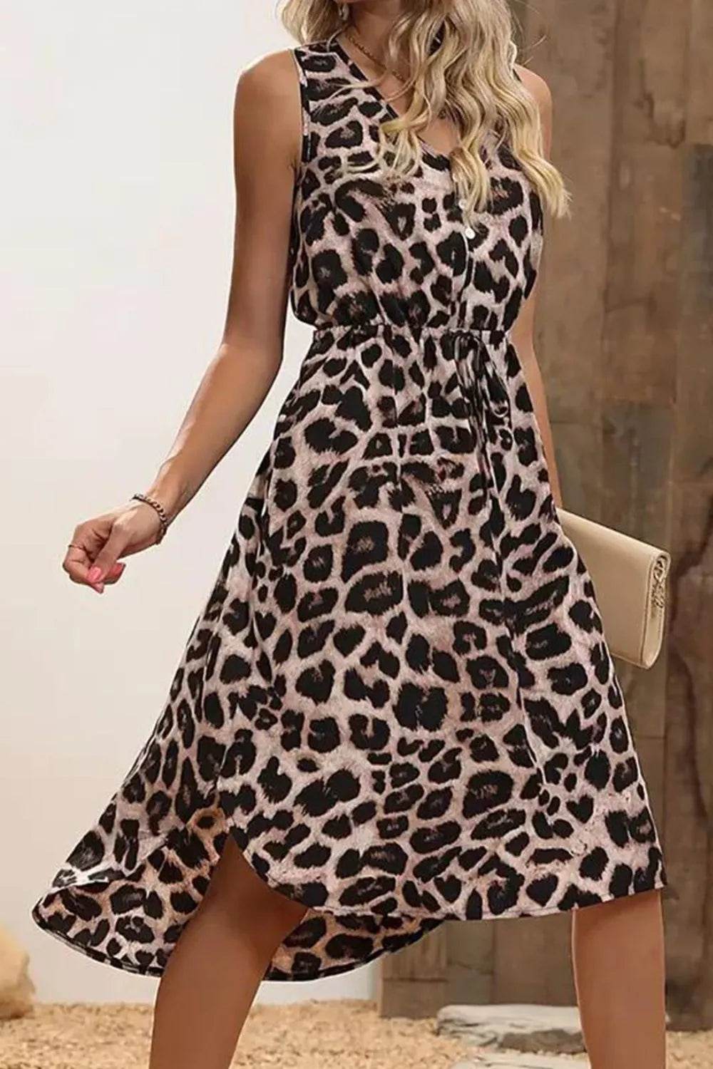 Leopard V-Neck Sleeveless Dress - MARIGOLD