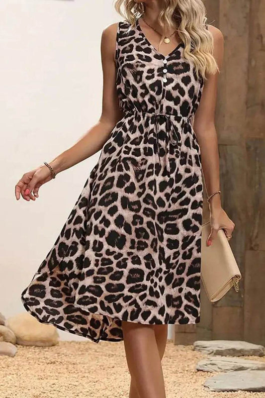Leopard V-Neck Sleeveless Dress - MARIGOLD