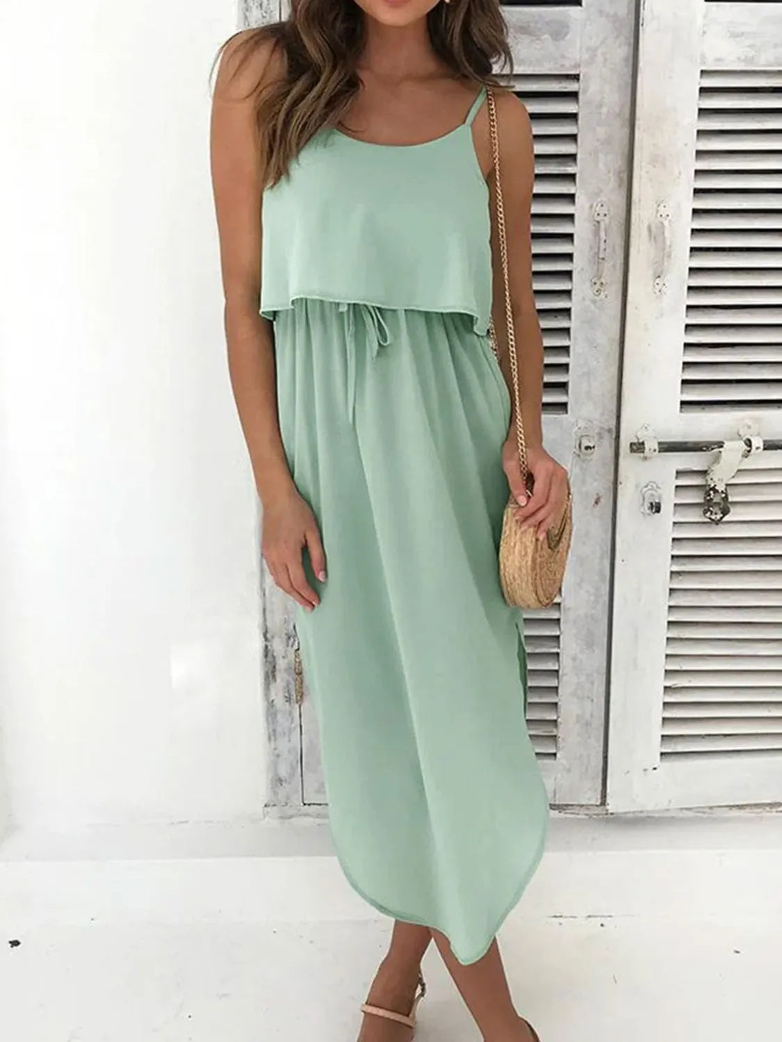 Light Green Tie Waist Midi Dress